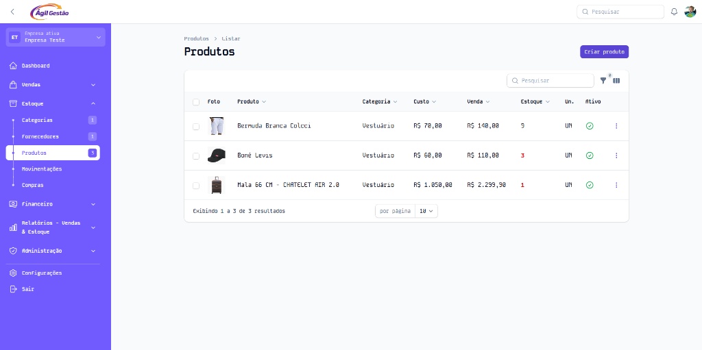 Tela 3 — Produtos